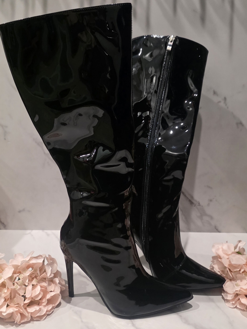 Fashion Nova - Alber - Black Patent Over-the-Knee Stiletto Boots